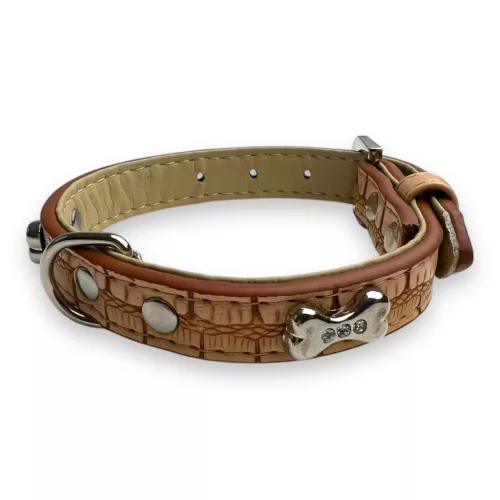M-PETS Bling nyakörv strasszköves csontokkal S 1,5x22-30cm világos barna