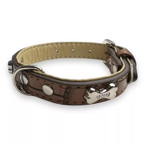 M-PETS Bling nyakörv strasszköves csontokkal S 1,5x22-30cm sötét barna