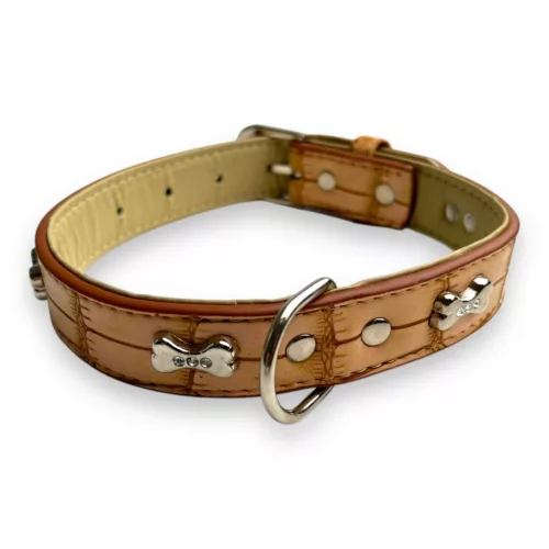 M-PETS Bling nyakörv strasszköves csontokkal L 2,5x35-40cm világos barna
